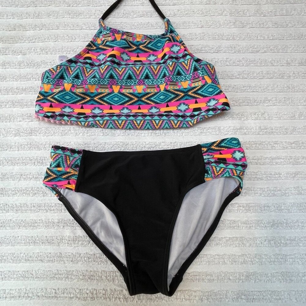 So Women's Two-Piece Swimwear Bikini Set Size 12 Halter Chevron High Waist Black